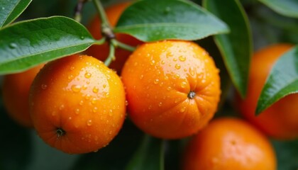 Fresh Oranges on Branch with Water Droplets