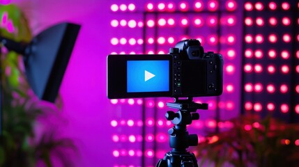 Camera Setup with Screen Displaying Play Icon and Colorful Lights