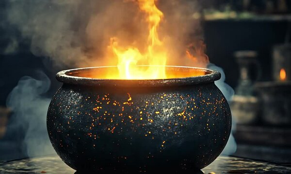 A cauldron bubbling with fire and smoke, set in a rustic environment surrounded by ancient artifacts and natural elements