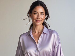 Fototapeta premium woman in a casual business shirt, lavender shirt, beautiful and smiling, clean background, portrait shot