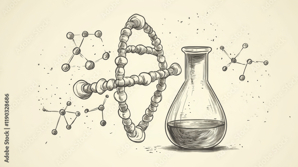Poster laboratory flask and model of dna helix isolated on white background for science theme design. outli