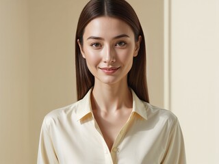 Fototapeta premium woman in a casual business shirt, beige shirt, beautiful and smiling, clean background, portrait shot