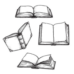 Vintage open books sketch set. Hand drawn library, bookstore, education, literature symbols collection. Vector illustrations.