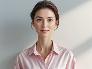 Fototapeta premium woman in a casual business shirt, pink shirt, beautiful and smiling, clean background, portrait shot