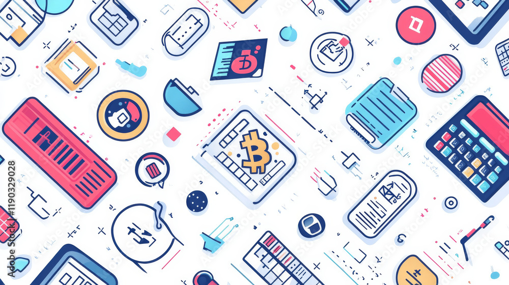 Poster cryptocurrency and bitcoin mining technology pattern background. vector seamless thin line design of