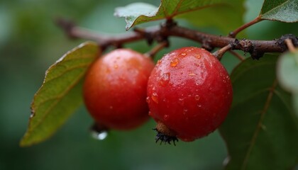 Obraz premium Two ripe red crabapples on a branch