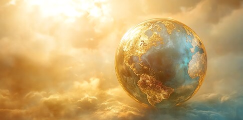 Golden Earth Globe in Heavenly Clouds: A Serene Artistic Vision