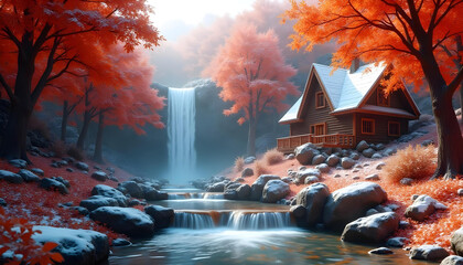 Autumn Winter jungle stream landscape