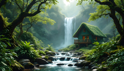 Beautiful landscape Nature with Wooden House in jungle