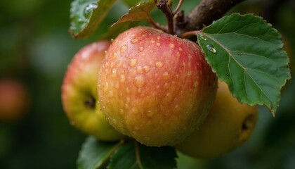 Obraz premium Fresh Red Apple on Branch with Water Droplets