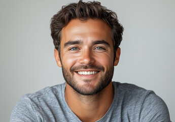 Fototapeta premium A cheerful man with short curly hair and a bright smile wearing a casual gray shirt. The image conveys friendliness, simplicity, and a positive, approachable demeanor.