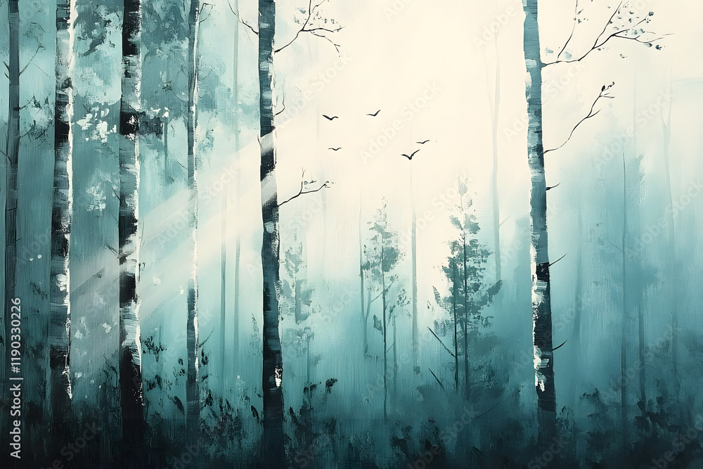 Poster a serene misty forest with tall birch trees and soft hues, evoking a tranquil atmosphere and a sense