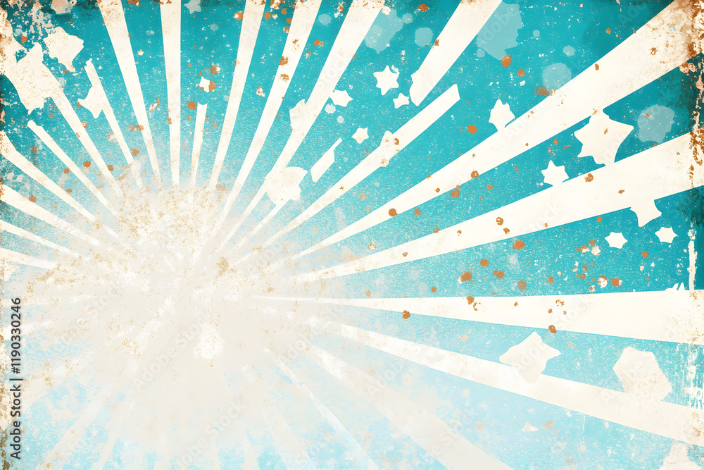 Poster a vibrant, vintage-style background featuring sunburst rays in blue and white tones, creating a chee