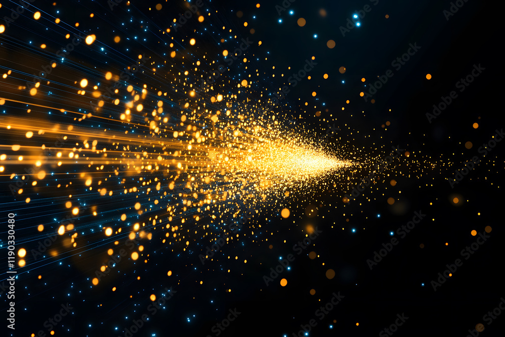 Poster A dazzling burst of golden particles radiates from a central point against a dark background, creating a magical and energetic visual effect