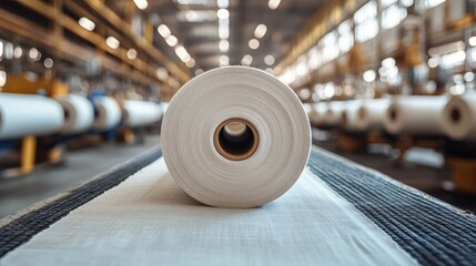 Large roll of white fabric in a factory.