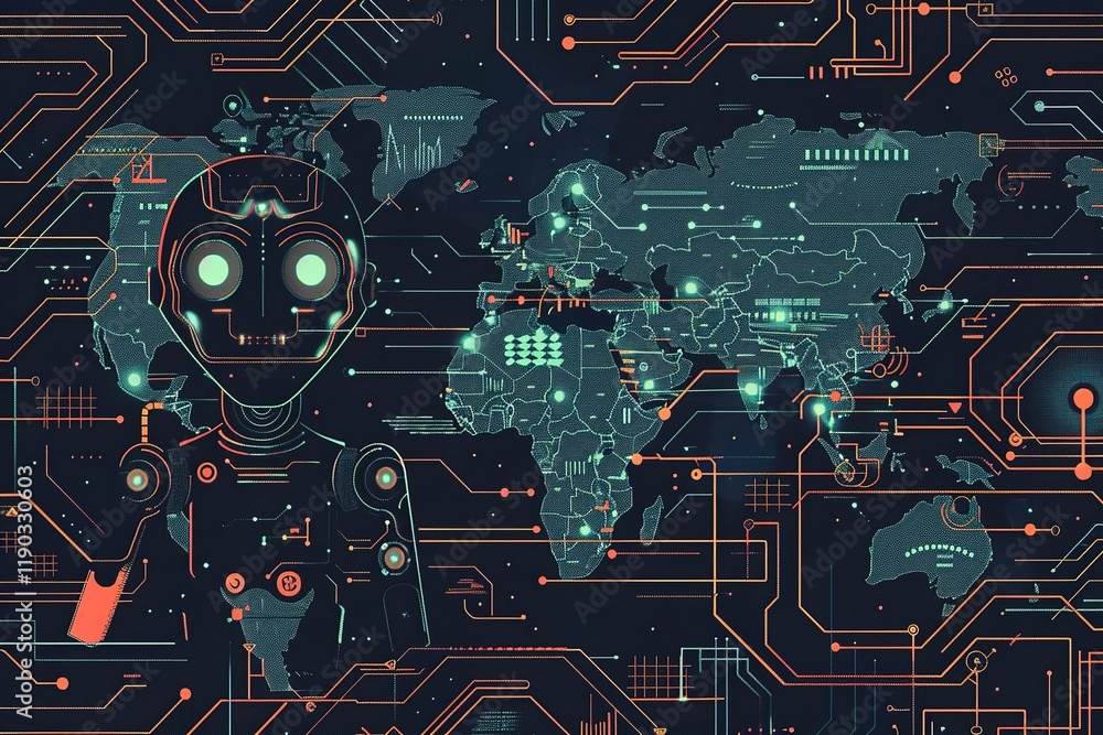 Poster seamless pattern flat illustration style, world map ai(artificial intelligence) concept. robot gpt c