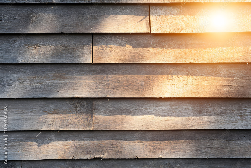 Wall mural A close-up of weathered wooden planks with warm sunlight reflecting, showcasing a rustic texture and natural beauty