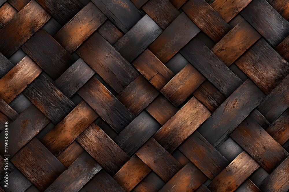 Poster a close-up of a woven texture featuring dark and light shades, showcasing intricate patterns of inte
