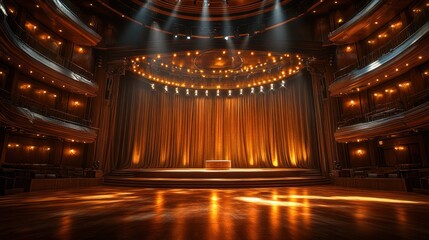 Empty theater stage with golden curtains and spotlight.