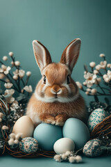 Rustic Easter composition with a fluffy bunny centerpiece