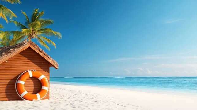 A tranquil beach scene featuring a wooden hut, lifebuoy, palm trees, and calm ocean waters.