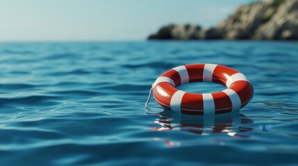 Naklejka premium A lifebuoy floats in calm water, symbolizing safety and rescue in aquatic environments.