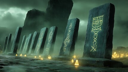 Ancient Stones Inscribed With Mystical Symbols In A Foggy Landscape