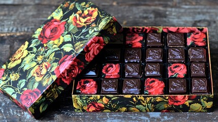 Fototapeta premium Gourmet Dark Chocolate Assortment in Floral Box Luxurious Gift Sweet Treats Roses