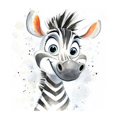 Cheerful cartoon zebra smiling with vibrant colors against a splattered background