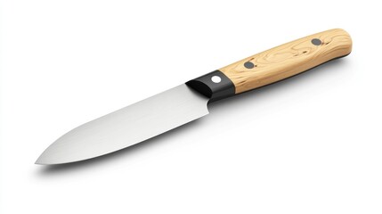 Fototapeta premium A sharp kitchen knife with a wooden handle isolated on white background.