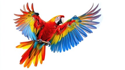 Fototapeta premium Vibrant Parrot Soaring Through the Air with Colorful Plumage on White Background