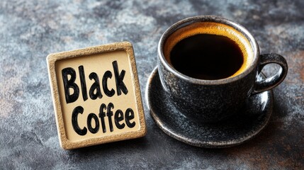 Black ceramic coffee cup with fresh dark coffee beside wooden framed chalkboard sign text black coffee