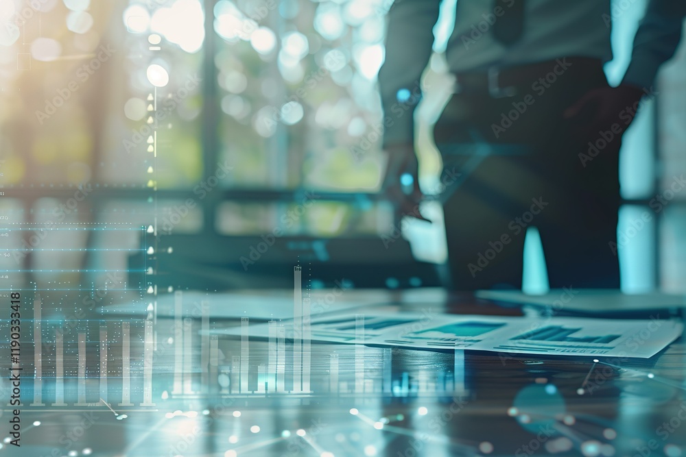 Poster businessman standing in office analyzing sales data and economic growth graph financial, solution an