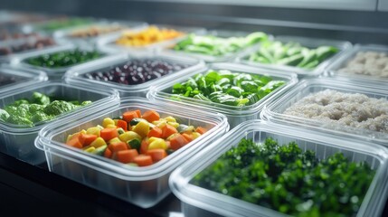 Meal prep containers filled with balanced portions of proteins, veggies, and grains.