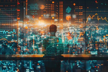 Fototapeta premium Businessman standing in office analyzing sales data and economic growth graph financial, solution analysis and development contents on table and global network connection interface background.