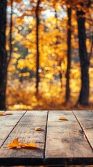 Autumn Background with Wooden Table and Colorful Foliage Leaves