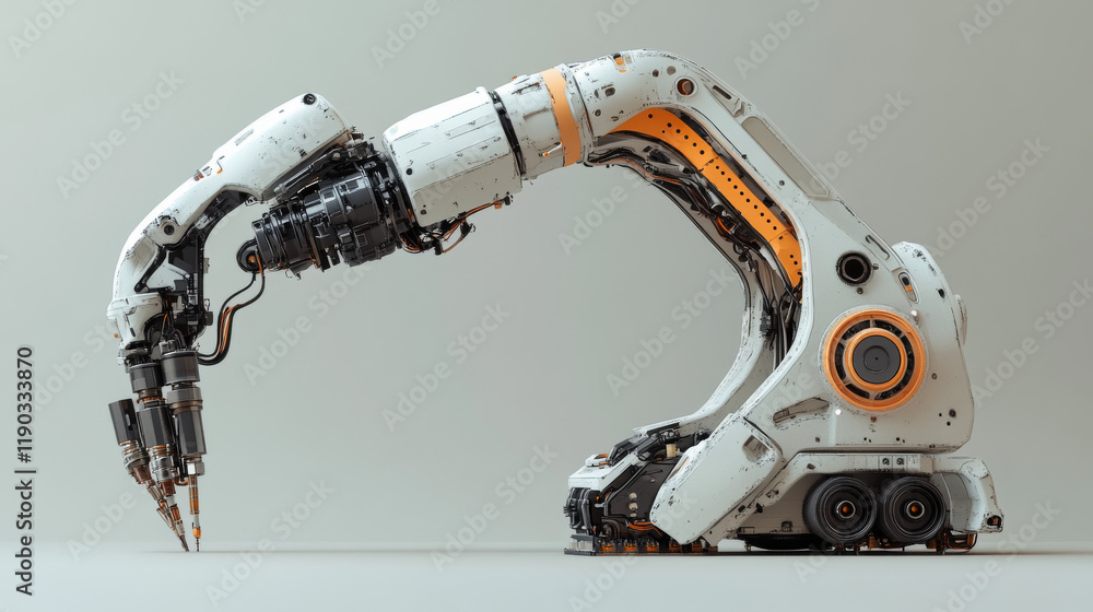 Poster robot drilling machine isolated hydraulic robotic character with steady gears on arm. vector industr