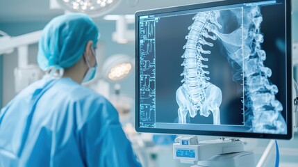 Robotic Spinal Surgery. Medical professional examining spinal X-ray on a monitor in a clinical setting.