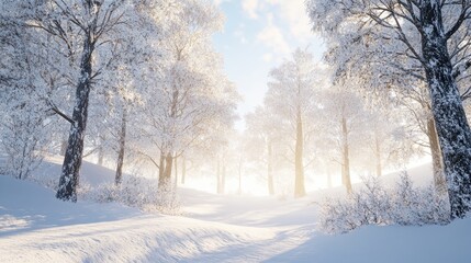 Obraz premium Icy river winding through a forest, with snow-covered branches and soft sunlight.