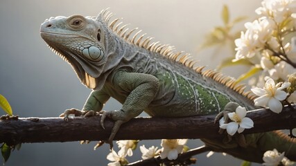 Obraz premium A green iguana perched on a branch surrounded by white flowers in a soft-lit environment.