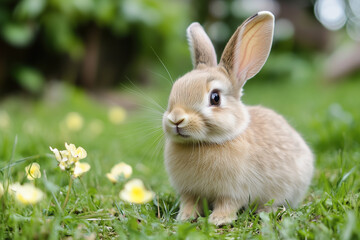 Fototapeta premium Adorable baby rabbit exploring fresh spring grass with delicate yellow flowers