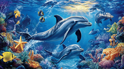 Fototapeta na wymiar World oceans day banner with dolphin, seal and sea animals. Vector environmental and conservation awareness with underwater landscape and cartoon marine creatures like seahorse, starfish and jellyfish