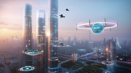 A Futuristic Cityscape at Sunset Featuring Towering Skyscrapers and Hovering Drones in a Technologically Advanced Urban Environment