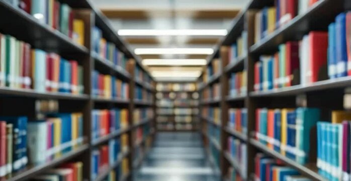a library with rows of bookshelves filled with colorful books. Focus on a few books in the foreground, with the rest of the library shelves blurred in the background