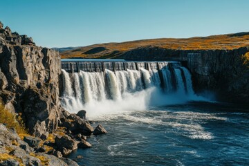 Majestic waterfall cascading over rocky cliffs into river canyon with autumn vegetation under blue sky