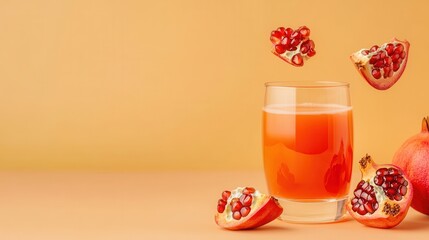 healthy superfoods anti-inflammatory concept. Refreshing pomegranate juice with vibrant fruit slices on a warm background.