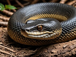 Obraz premium Close-up of black snake coiled on forest floor showing shiny scales. Reptile wildlife concept