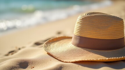 stylish sun hat resting on a sandy beach