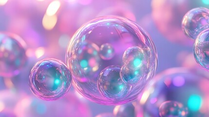 Abstract background with iridescent spheres and bokeh lights.