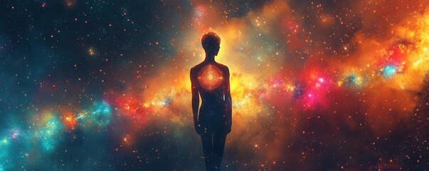 Naklejka premium An ethereal figure dissolving into colorful light particles, chakras symbolically represented as vibrant orbs, cosmic background with nebula patterns, conceptual digital art with a mystical vibe